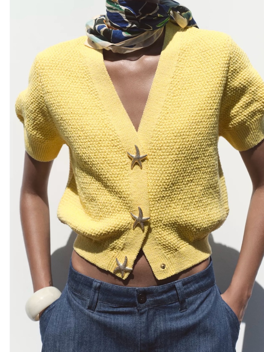 Zara Yellow Textured V-Neck Short Sleeve Cardigan with Starfish Buttons Medium